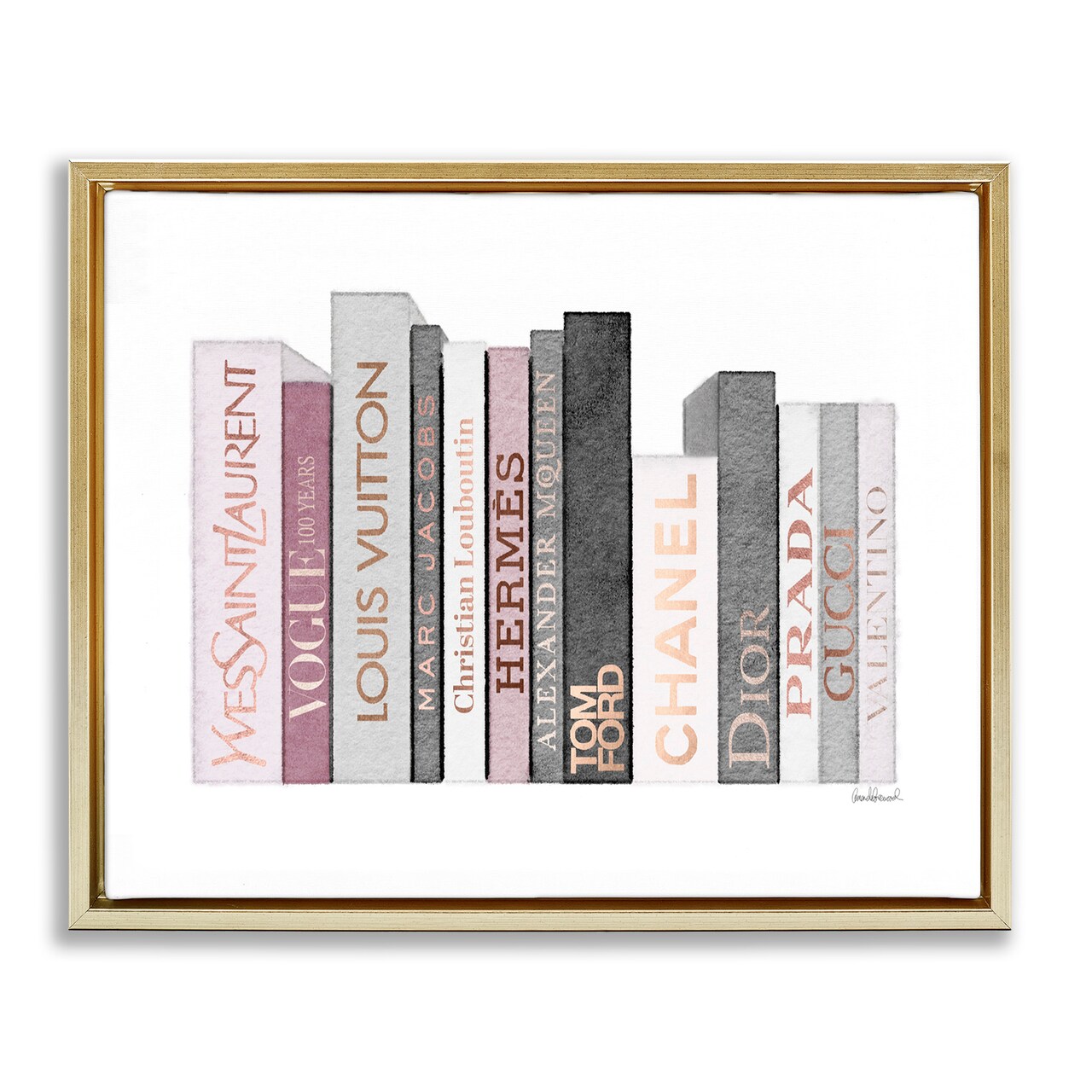 Stupell Industries Pink & Grey Fashion Bookstack Framed Floater Canvas Wall Art